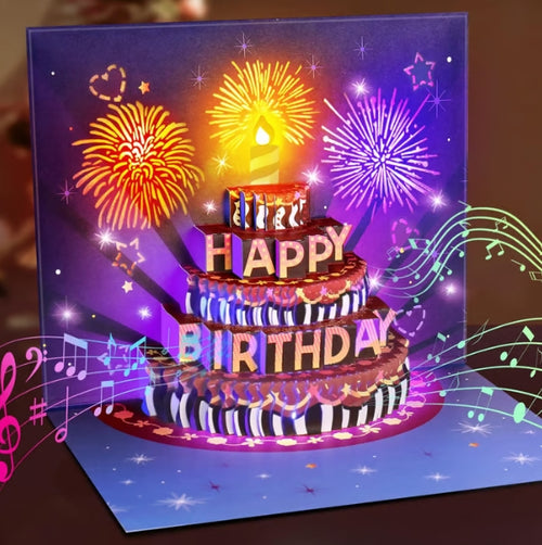 CZTICLE®  Fireworks Pop Up Cake Light and Music Happy Birthday Card Gift D01