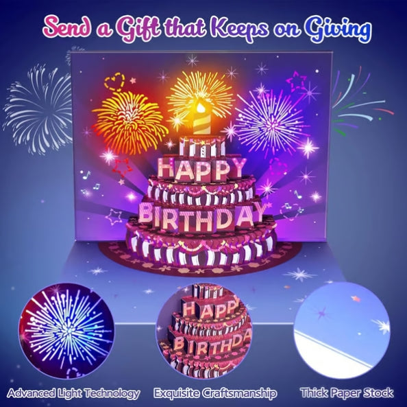 CZTICLE®  Fireworks Pop Up Cake Light and Music Happy Birthday Card Gift D01