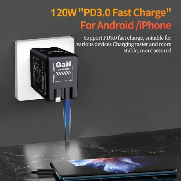 Cilifer® 2-in-1 GaN Compatible with 120W Fast Charger with Retractable Type-C and ligtning Cable D03