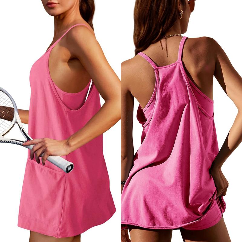 SfrcordĀ®š„2025 Hot Saleš„Women's Athletic Sleeveless Mini Dress with Built-in Shorts V Neck Spaghetti Strap Short Tennis Dress with Pockets D01