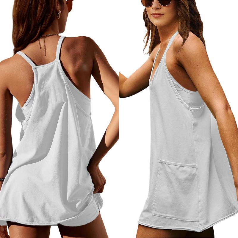 SfrcordĀ®š„2025 Hot Saleš„Women's Athletic Sleeveless Mini Dress with Built-in Shorts V Neck Spaghetti Strap Short Tennis Dress with Pockets D01