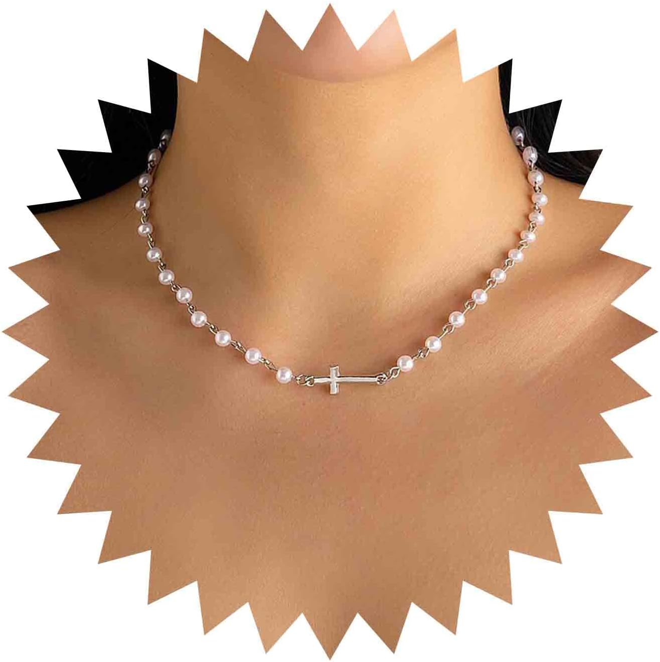 CZTICLE® Pearl Choker Necklace Gold Pearl Necklace Choker Vintage Cross Crucifix Necklace Minimalist Pearl Cross Necklace Jewelry for Women D01