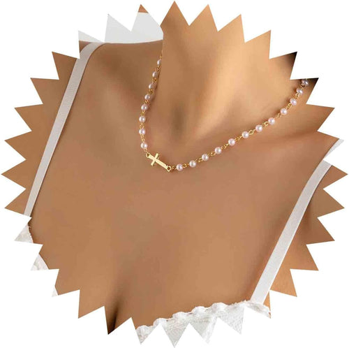 CZTICLE® Pearl Choker Necklace Gold Pearl Necklace Choker Vintage Cross Crucifix Necklace Minimalist Pearl Cross Necklace Jewelry for Women D01