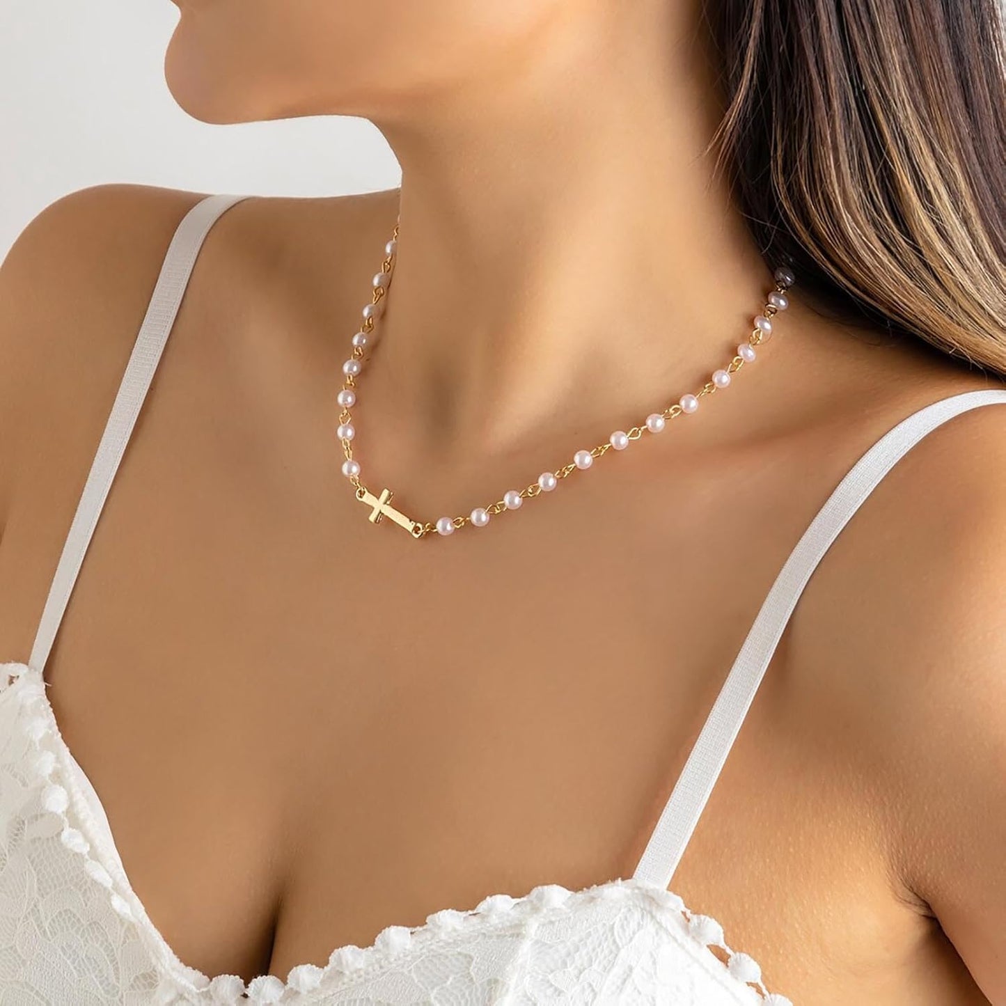 CZTICLE® Pearl Choker Necklace Gold Pearl Necklace Choker Vintage Cross Crucifix Necklace Minimalist Pearl Cross Necklace Jewelry for Women D01