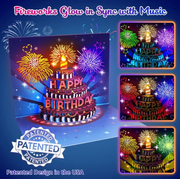 CZTICLE®  Fireworks Pop Up Cake Light and Music Happy Birthday Card Gift D01