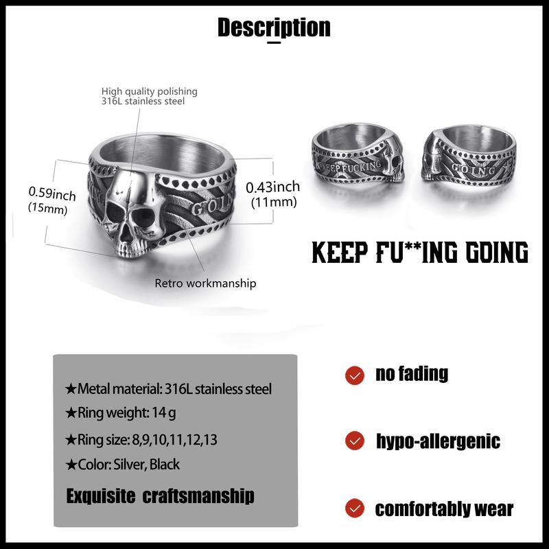 CZTICLE® "Keep Fu**ing Going" Vintage Gothic Skull Ring d02