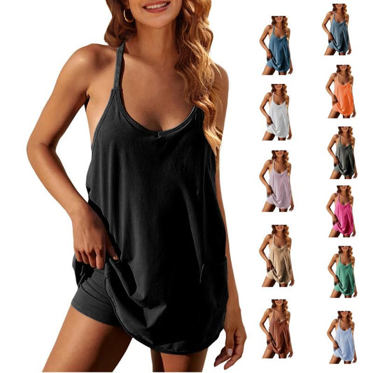 Sfrcord®🔥2025 Hot Sale🔥Women's Athletic Sleeveless Mini Dress with Built-in Shorts V Neck Spaghetti Strap Short Tennis Dress with Pockets D01