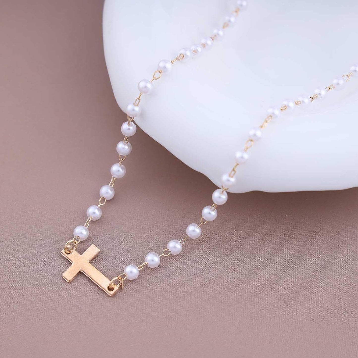 CZTICLE® Pearl Choker Necklace Gold Pearl Necklace Choker Vintage Cross Crucifix Necklace Minimalist Pearl Cross Necklace Jewelry for Women D01